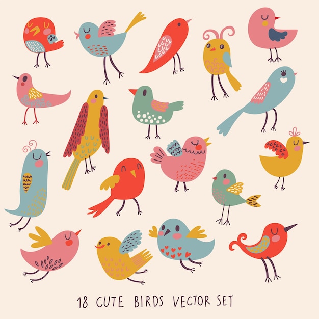 Vector cute birds in vector cartoon set