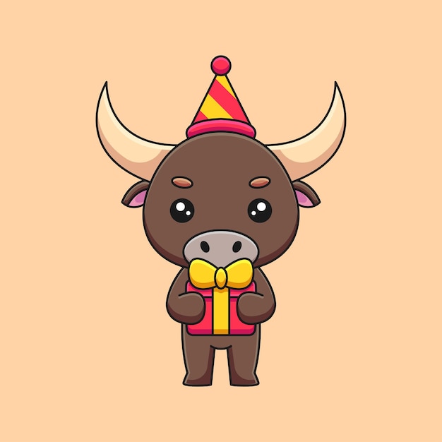 Cute birthday bull cartoon mascot doodle art hand drawn concept vector kawaii icon illustration