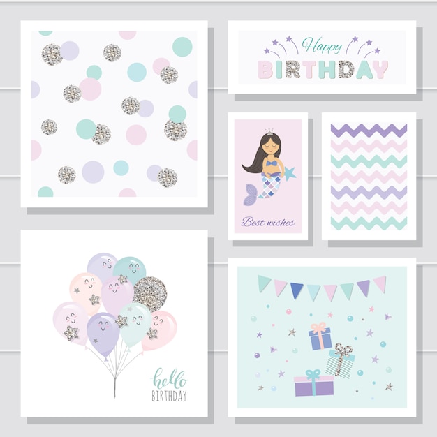 Cute birthday card templates set for girls.