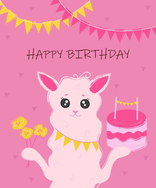 cute birthday card with alpaca cake and flowers