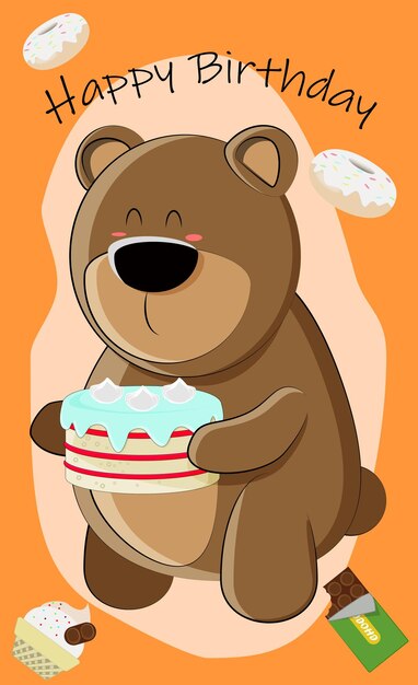 Cute birthday card with cute teddy bear and cake