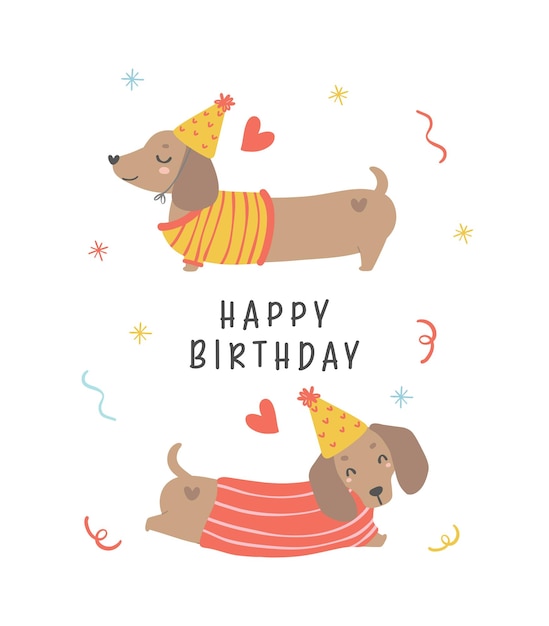 Cute Birthday card with Dachshund Dogs wear party hat hanging from balloons Kawaii greeting card cartoon hand drawing flat design graphic illustration