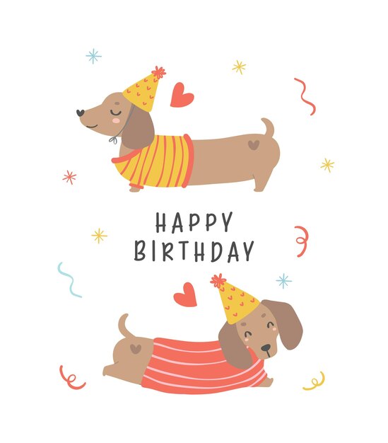 Vector cute birthday card with dachshund dogs wear party hat hanging from balloons kawaii greeting card cartoon hand drawing flat design graphic illustration