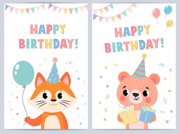 Cute birthday cards for kids with funny animals. vector illustration