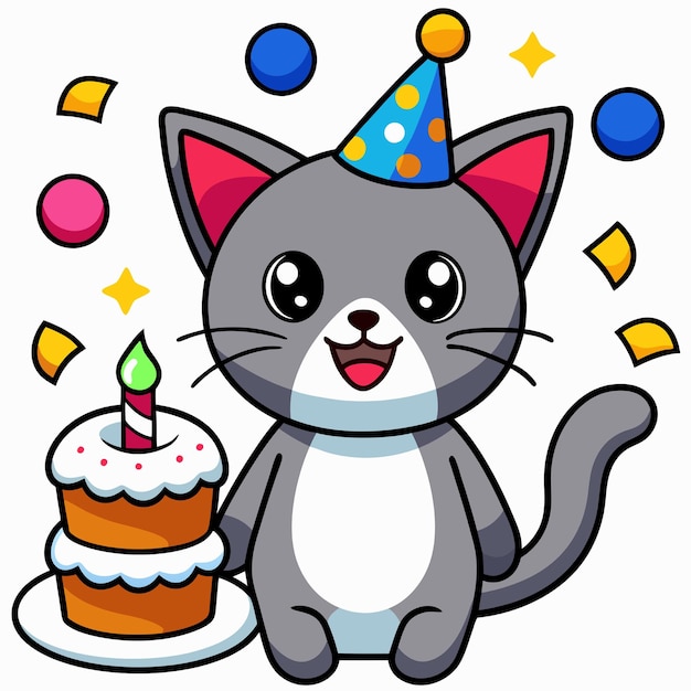 Vector cute birthday cat with confetti cartoon vector icon illustration animal birthday icon concept isolated premium vector flat cartoon style