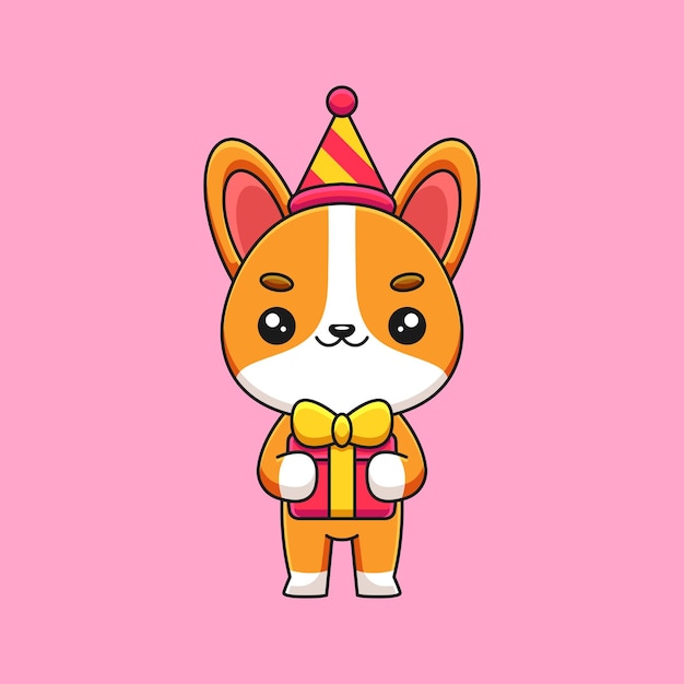 Cute birthday corgi cartoon mascot doodle art hand drawn concept vector kawaii icon illustration