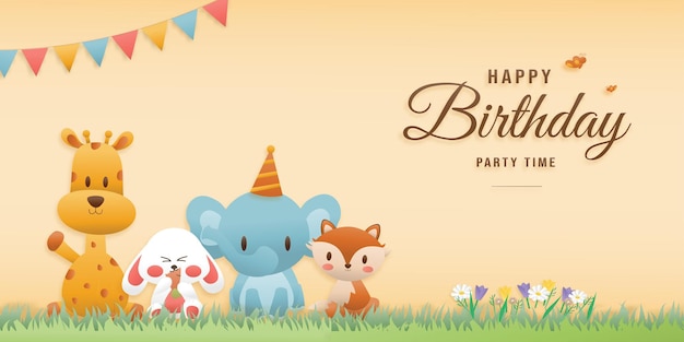 Cute birthday greeting card Giraffes elephants rabbits and foxes are smiling