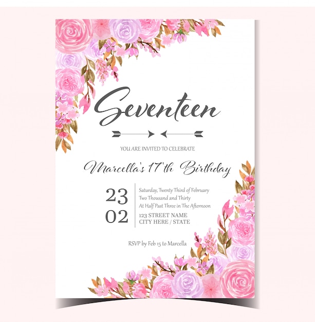 Cute birthday invitation card with beautiful pink and purple roses