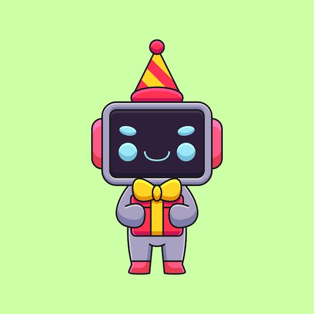 Cute birthday robot cartoon mascot doodle art hand drawn concept vector kawaii icon illustration