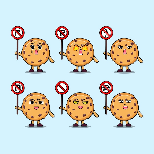 Cute Biscuits cartoon character holding traffic sign illustration in modern 3d style design