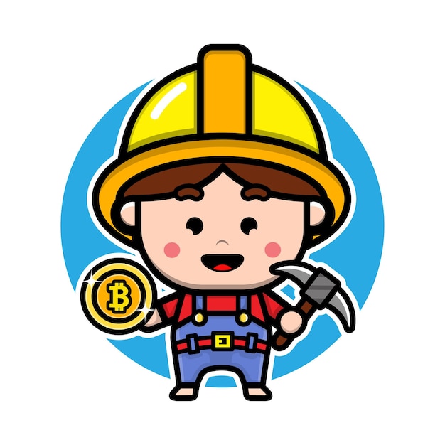 Cute bitcoin miner cartoon character design