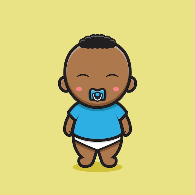 Cute black baby character with blue t-shirt. design isolated on yellow background.