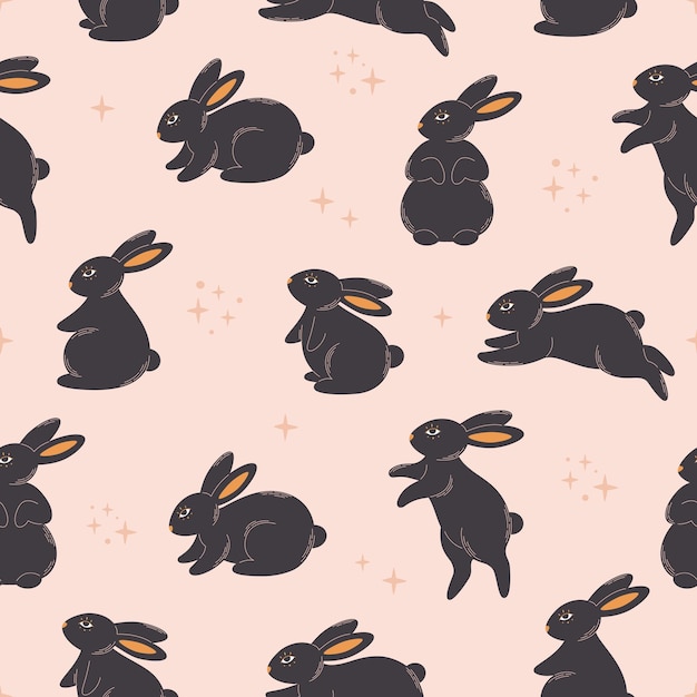 Cute black bunnies seamless pattern. Animal, hare. Year of the Rabbit. Chinese New Year symbol.