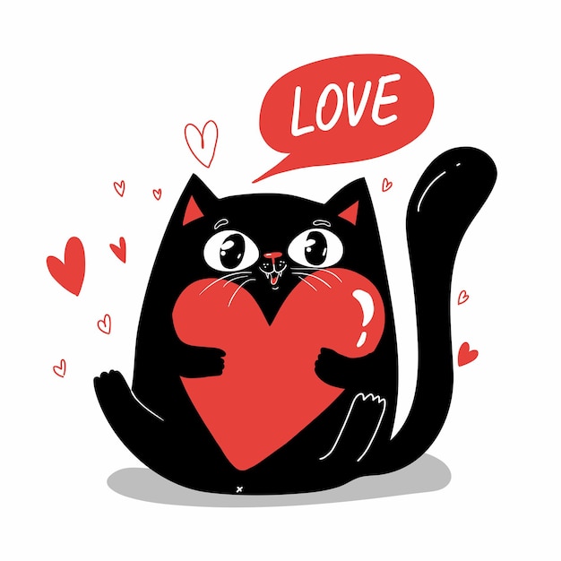 Cute black cat character holding red heart. Funny cartoon cat for Valentines day. Greeting card, bammer, poster, print design ang other, baby print. White background Isolated.