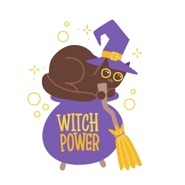 Cute black cat or kitten in hat sitting upon witch cauldron with bubbles witch power lettring quote