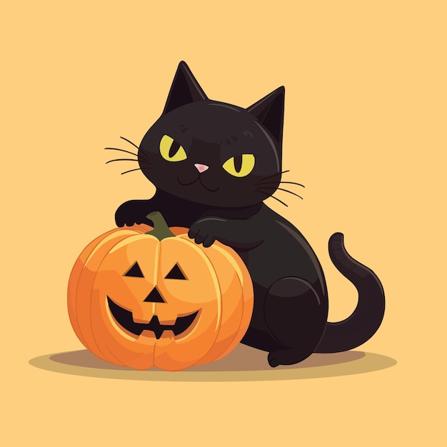 Cute black cat sitting on scary pumpkin flat vector