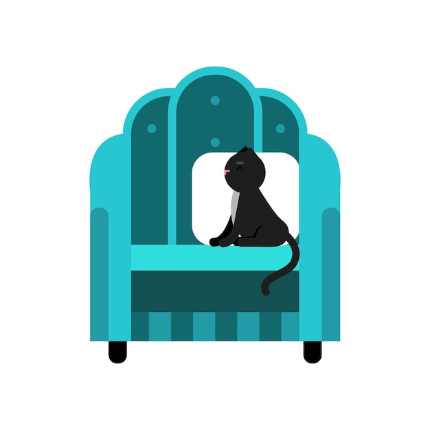 Cute black cat sitting on a turquoise armchair, home pet resting cartoon vector Illustration on a white background