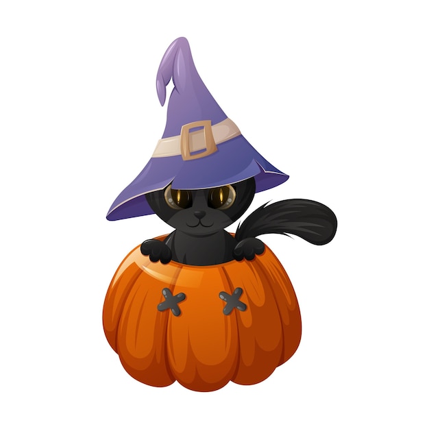 Cute black cat in a sorcery hat is inside a pumpkin. Cartoon vector illustration for halloween