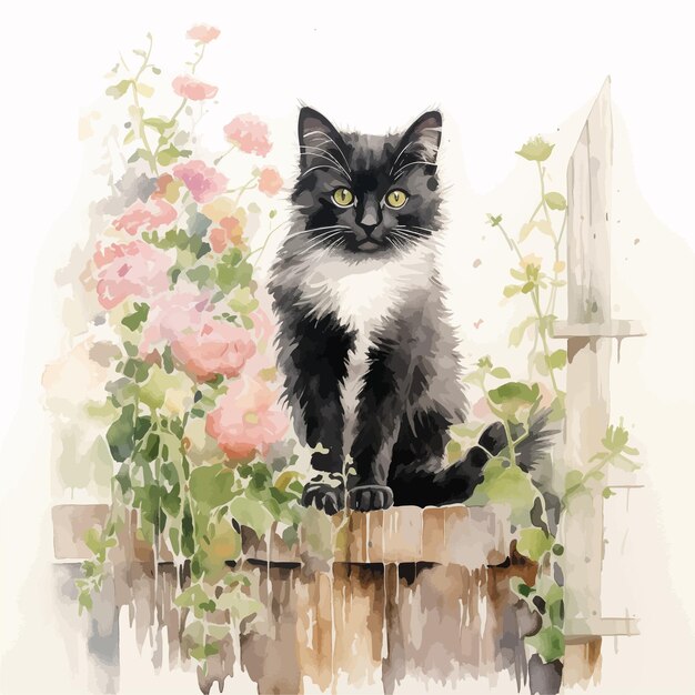 Vector a cute black cat standing on a fence surrounded with flowers