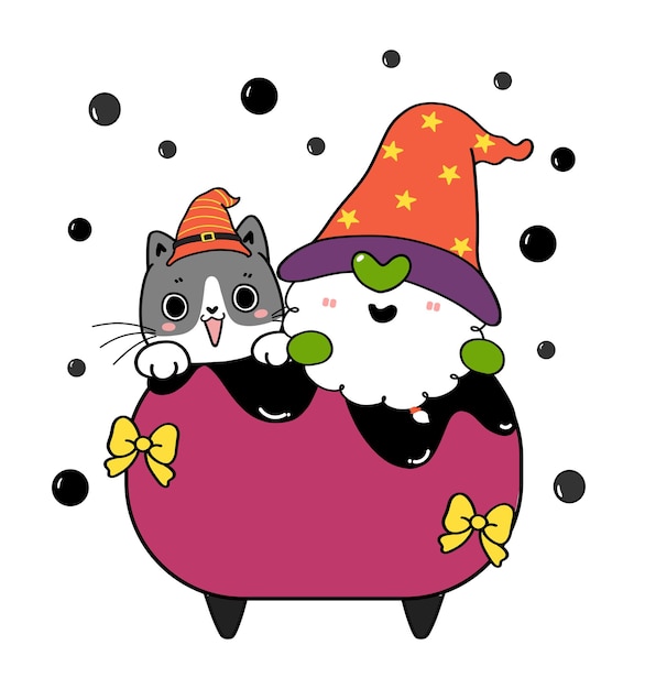 Cute Black cat and witch gnome in poison brewing pot cauldron Halloween cartoon hand drawn flat