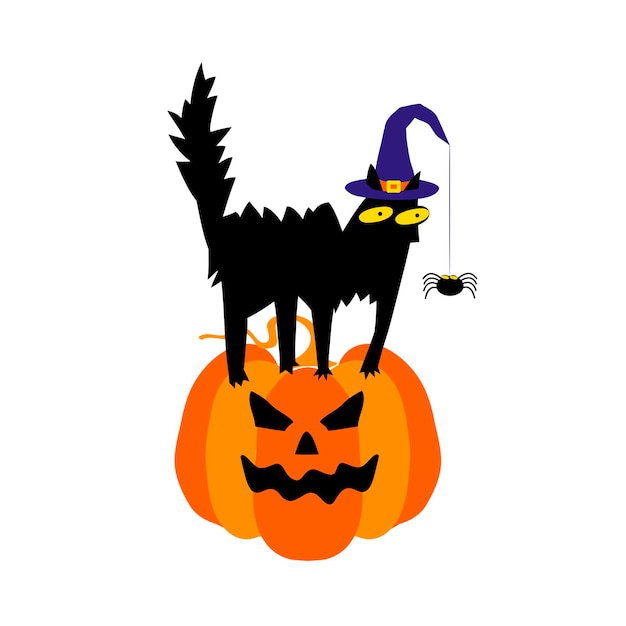 Cute black cat in a witch hat sitting on a Halloween pumpkin