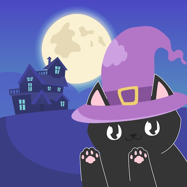 Cute black cat in a witch hat