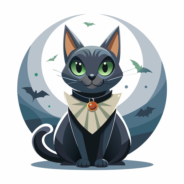 Vector a cute black cat with green eyes and a collar surrounded by bats and a moonlit background