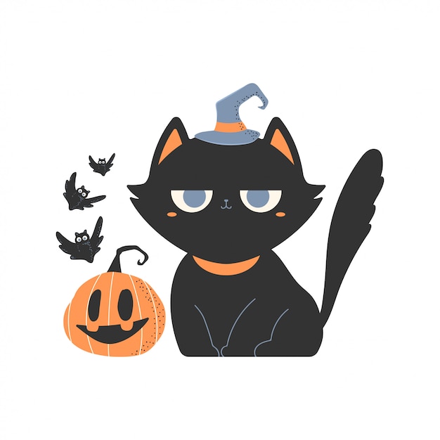 Vector cute black cats in witch hat cartoon character.