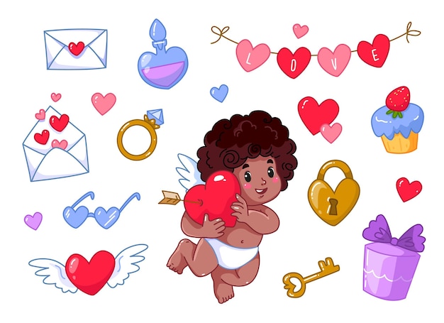 Cute black cupid and valentines day items set Heart envelope love key and lock Happy cartoon