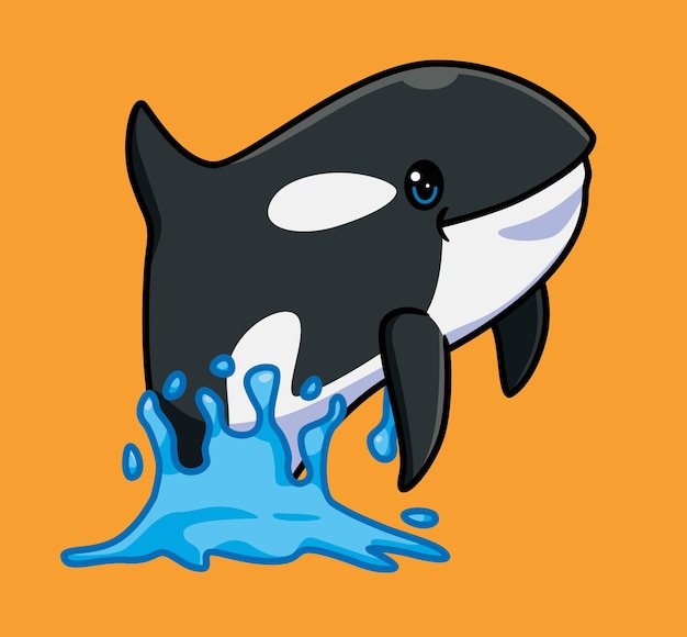 Cute black killer whale jumping swim isolated cartoon animal illustration Flat Style Sticker Icon