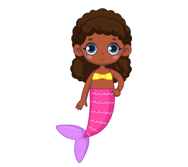 Cute black mermaid girl curly hair and pink fish tail Vector illustration magical girl character