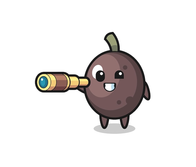 Cute black olive character is holding an old telescope