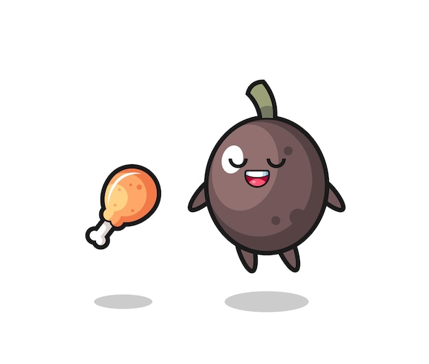 Cute black olive floating and tempted because of fried chicken