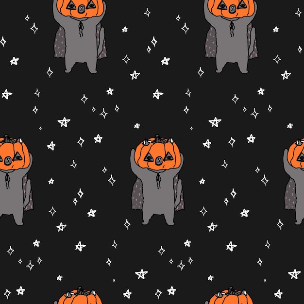 Cute black pattern, doodle white line stars and a cat with a pumpkin. Halloween, magic seamless.