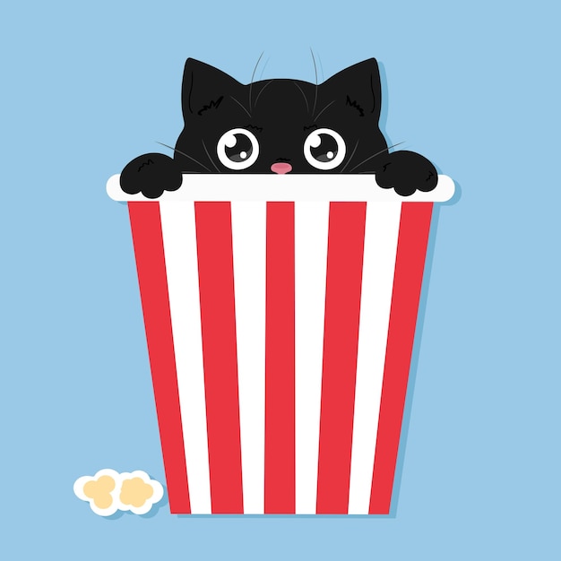 Vector cute black peeking cat cat is looking out of the popcorn bucket