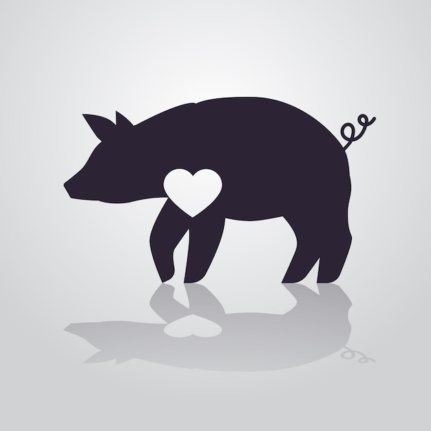 Cute black pig silhouette with white heart cartoon animal isolated full length