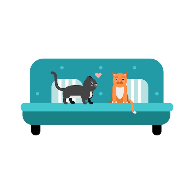 Cute black and red cats sitting on a turquoise sofa, home pet resting cartoon vector Illustration on a white background