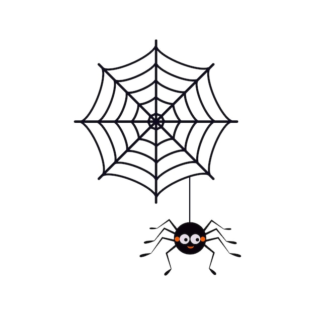 Cute black spider hanging on a string with cobwebs icon isolated on white background