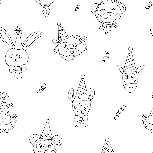 Cute black and white Birthday seamless pattern with cute animal heads in party hats and confetti. Vector anniversary repeating background. Holiday line digital paper with funny characters