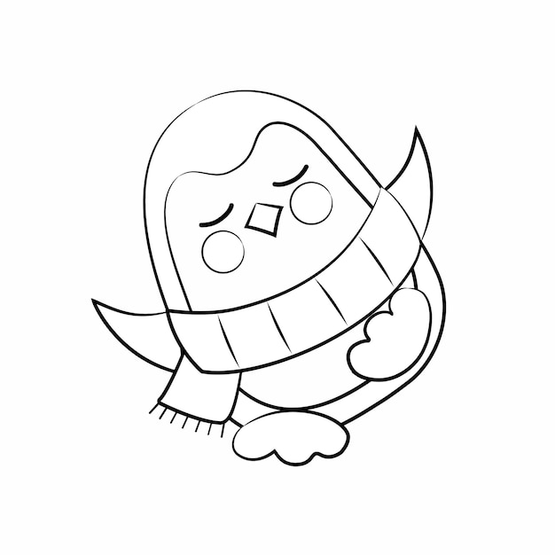 Cute black and white contourdrawn dancing penguin in a scarf Vector illustration