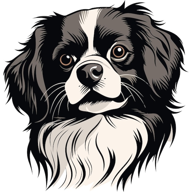 Vector cute black and white dog with big brown eyes looking up with a friendly expression