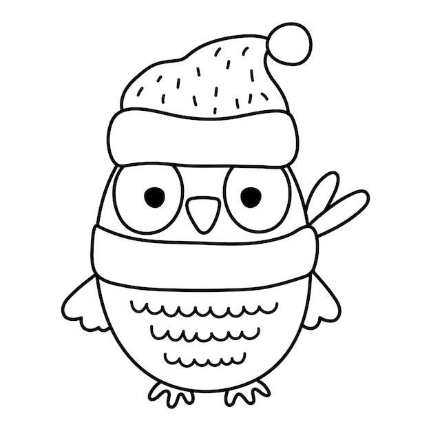 Cute black and white owl in hat and green scarf Vector autumn bird isolated on white background Fall season woodland animal line icon Funny forest or Thanksgiving Day outline illustrationxA