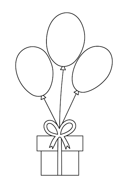 Cute black and white vector present flying on bunch of balloons. Funny outline birthday gift box illustration for card, poster, print design. Holiday line icon