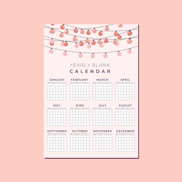 Cute Blank Calendar Vertical Template, Yearly Calendar with Pink Peach Lantern Lamp and Background