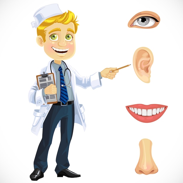 Cute blond doctor indicating on part of the face