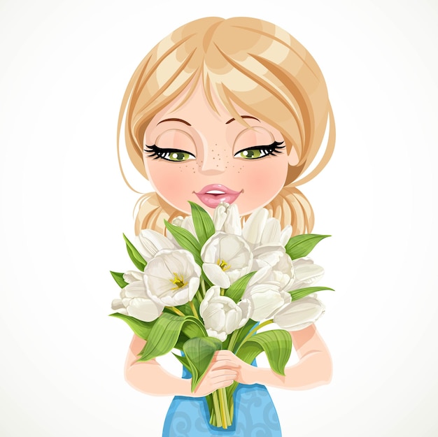 Cute blond girl holding beautiful bouquet white tulips on white