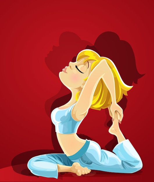 Cute blond girl in a yoga pose 1 on red background