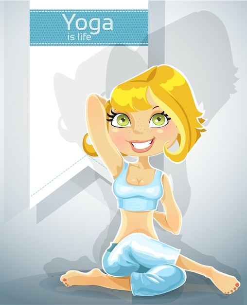 Vector cute blond girl in a yoga pose gomukha asanabonus poster for