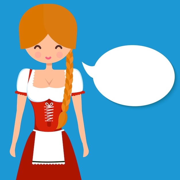 Cute blonde girl in traditional german dress dirndl with pigtail and blank speech bubble. Vector flat character illustration for Oktoberfest and beer bars design.