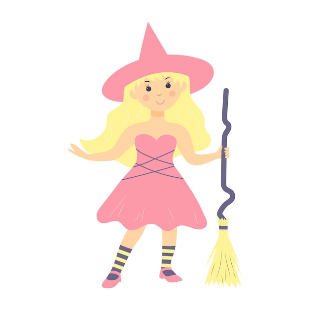 Cute blonde girl witch with broom in pastel colors Halloween cartoon character isolated on white